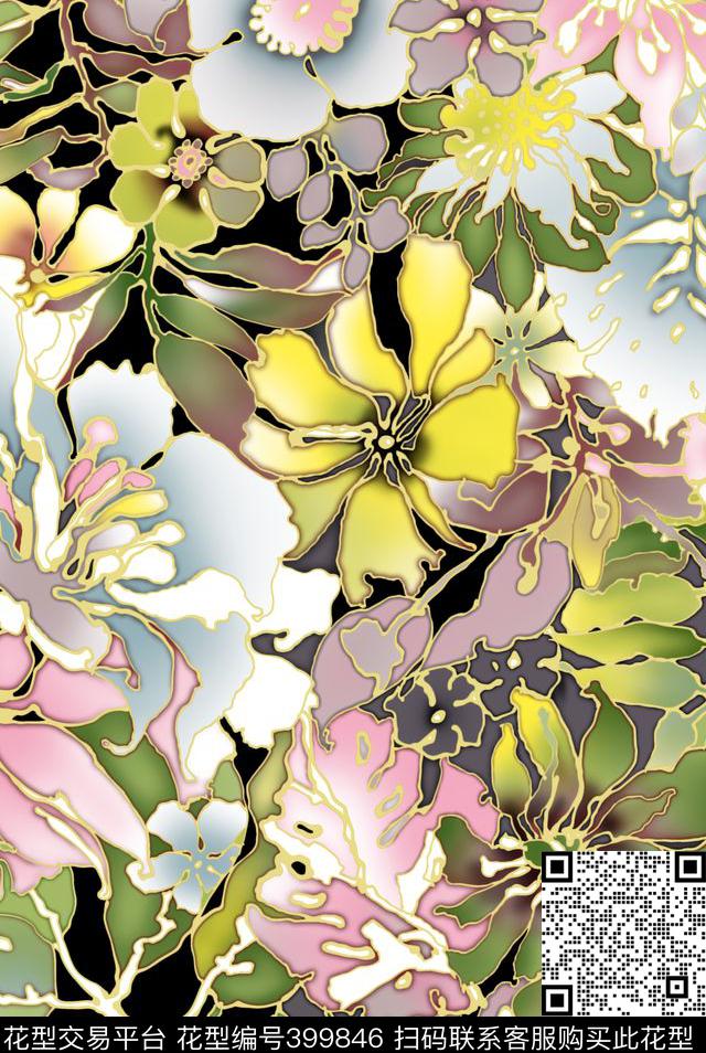 景泰蓝花花卉数码印花华亿平台下载（图片编号: 399846） - 瓦栏（Walan）