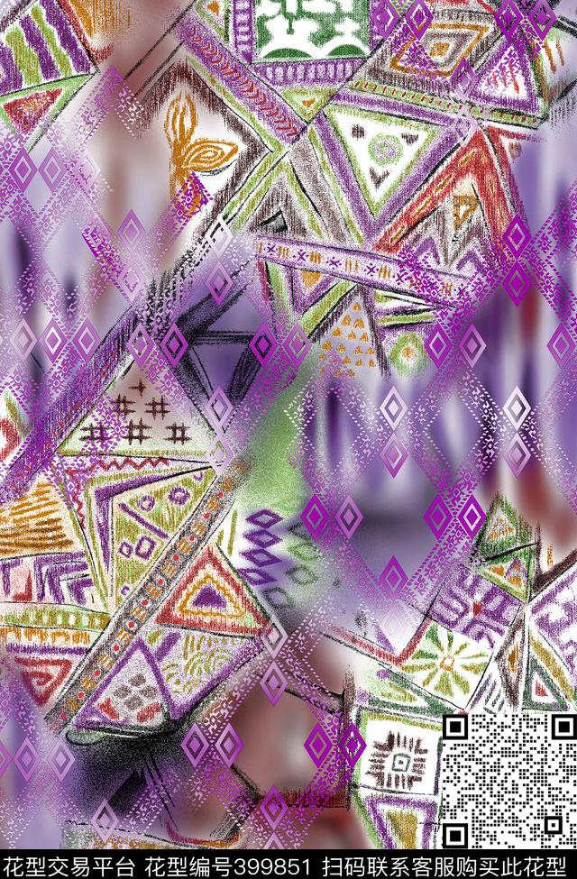 蜡笔画拼贴几何数码印花华亿平台下载（图片编号: 399851） - 瓦栏（Walan）