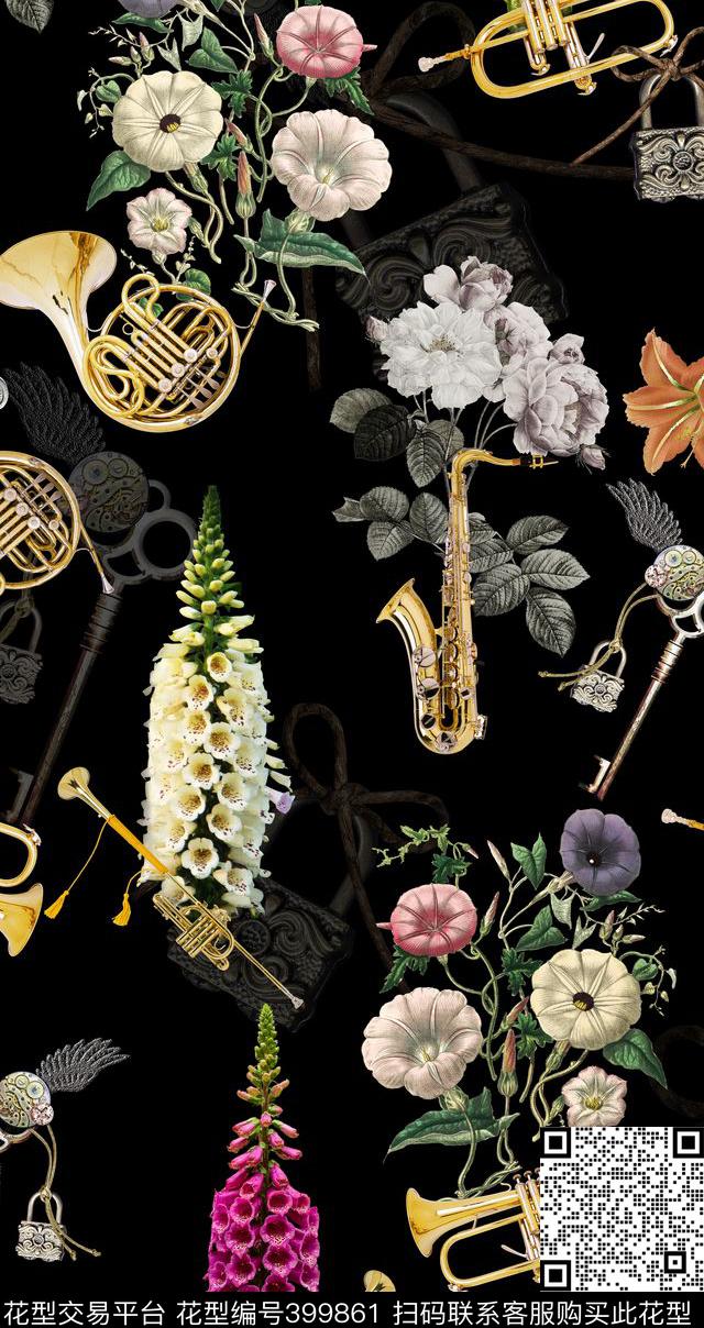 复古乐器元素加花卉数码印花华亿平台下载（图片编号: 399861） - 瓦栏（Walan）