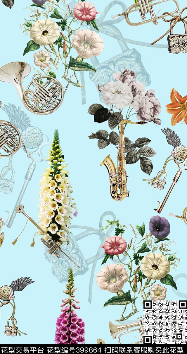复古乐器元素加花卉数码印花华亿平台下载（图片编号: 399864） - 瓦栏（Walan）