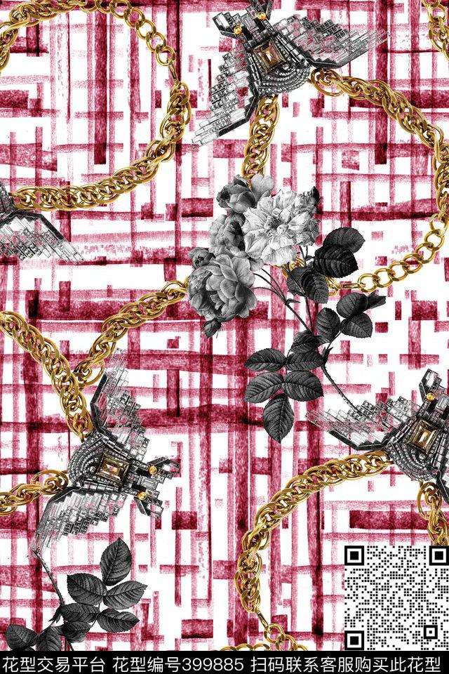 黑白花链条手绘几何数码印花华亿平台下载（图片编号: 399885） - 瓦栏（Walan）