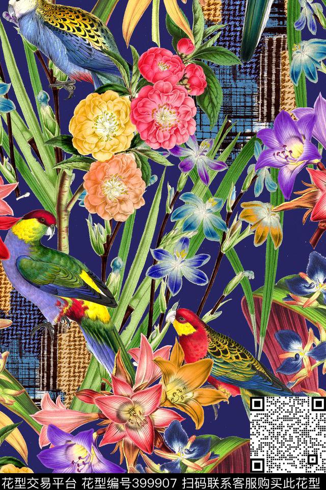 热带风花卉鹦鹉数码印花华亿平台下载（图片编号: 399907） - 瓦栏（Walan）