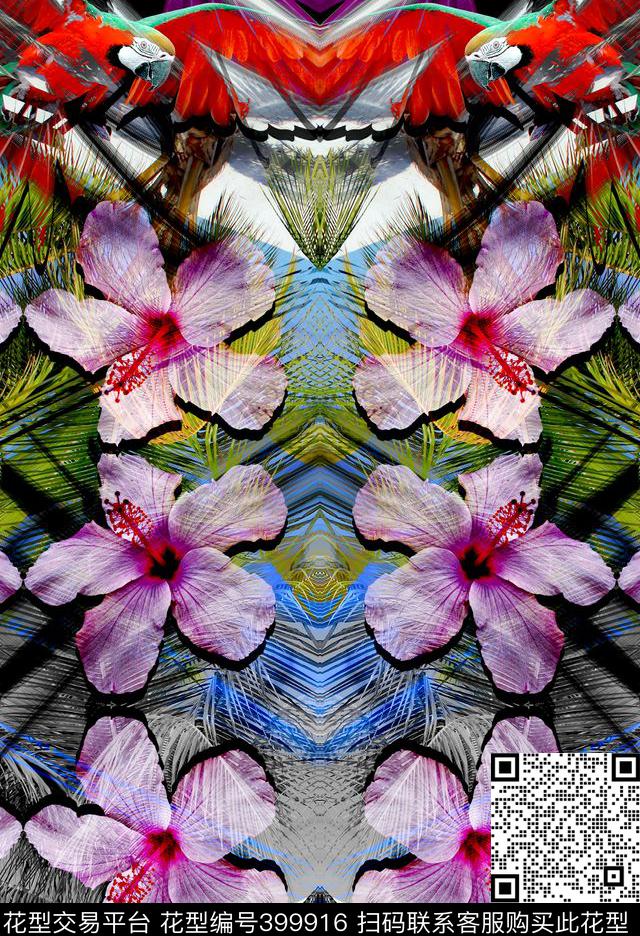 热带对称纹路叠加模糊效果花卉热带树、鸟数码印花华亿平台下载（图片编号: 399916） - 瓦栏（Walan）