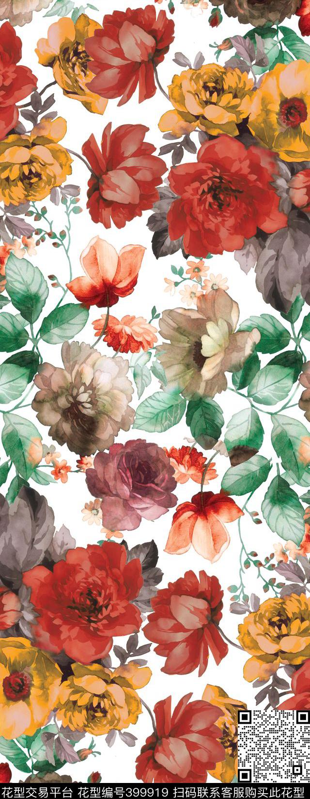 水彩花卉丝巾传统印花华亿平台下载（图片编号: 399919） - 瓦栏（Walan）