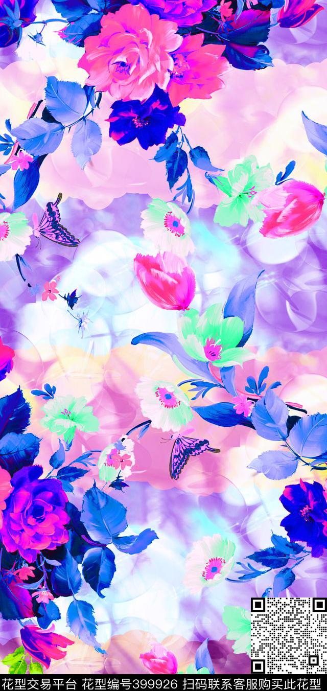 水彩花卉气泡数码印花华亿平台下载（图片编号: 399926） - 瓦栏（Walan）
