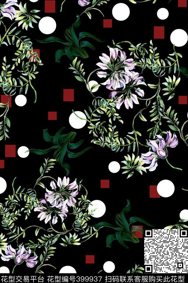 几何圆点手绘花植物叶子数码印花华亿平台下载（图片编号: 399937） - 瓦栏（Walan）