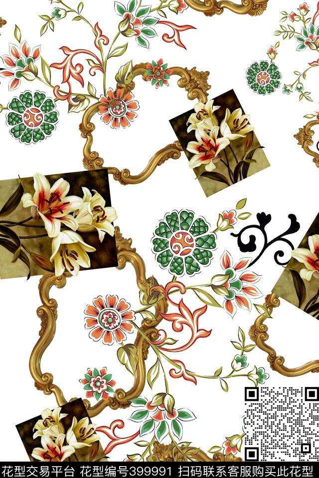 欧式画框油画花花纹数码印花华亿平台下载（图片编号: 399991） - 瓦栏（Walan）