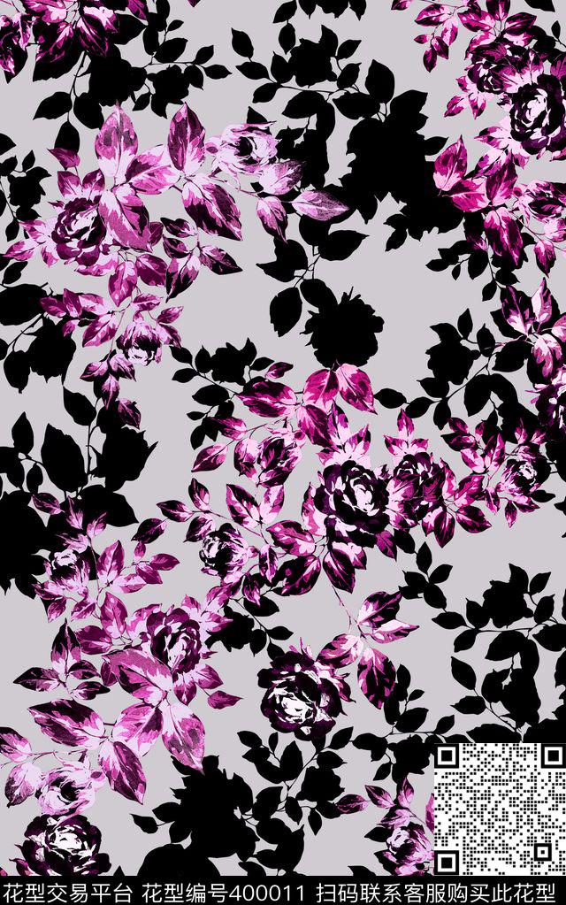 田园风花卉叶子剪影花卉数码印花华亿平台下载（图片编号: 400011） - 瓦栏（Walan）