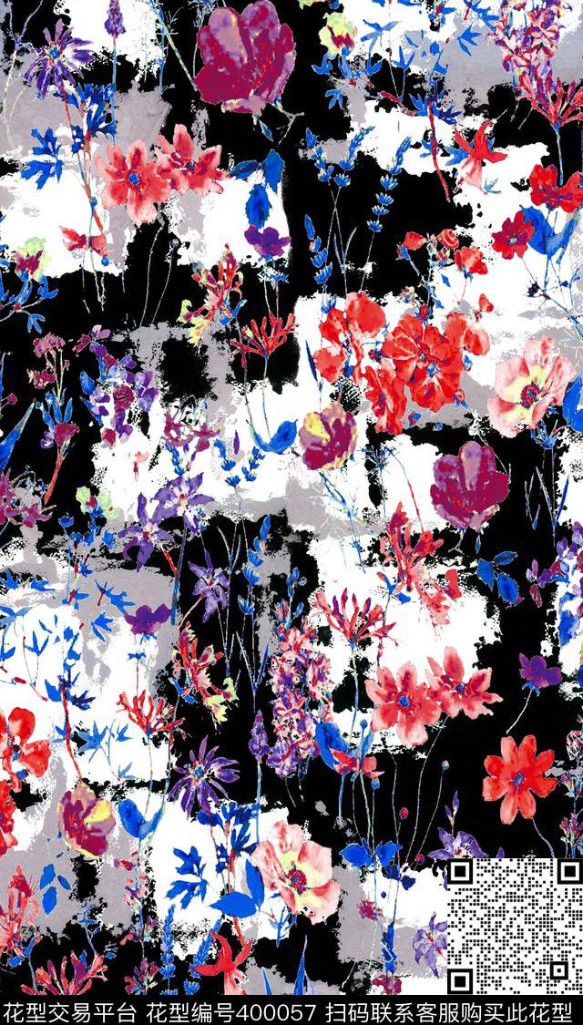 复古烂花纹理野花数码印花华亿平台下载（图片编号: 400057） - 瓦栏（Walan）