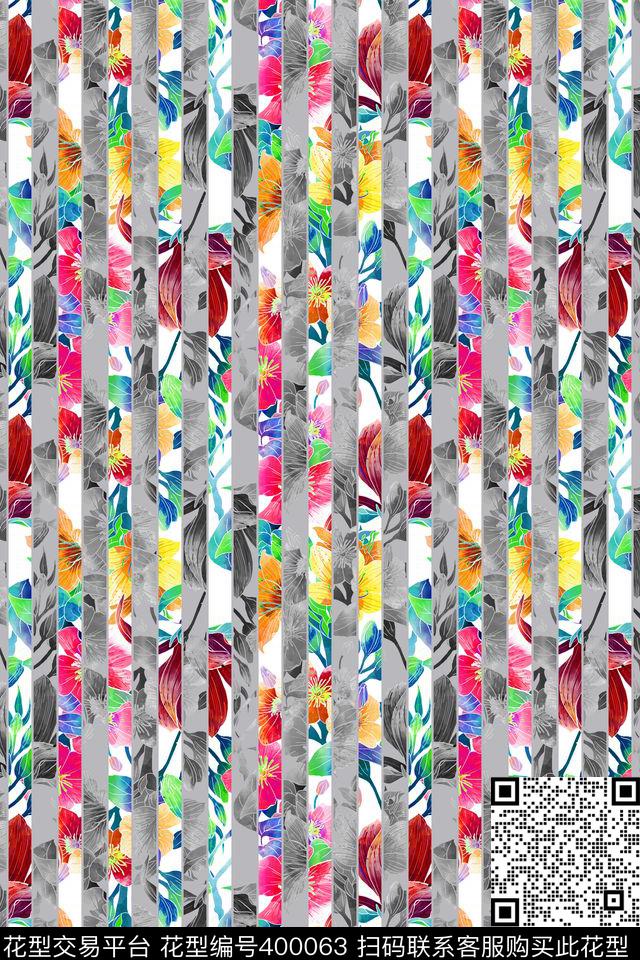 切割线条黑白错位花卉数码印花华亿平台下载（图片编号: 400063） - 瓦栏（Walan）