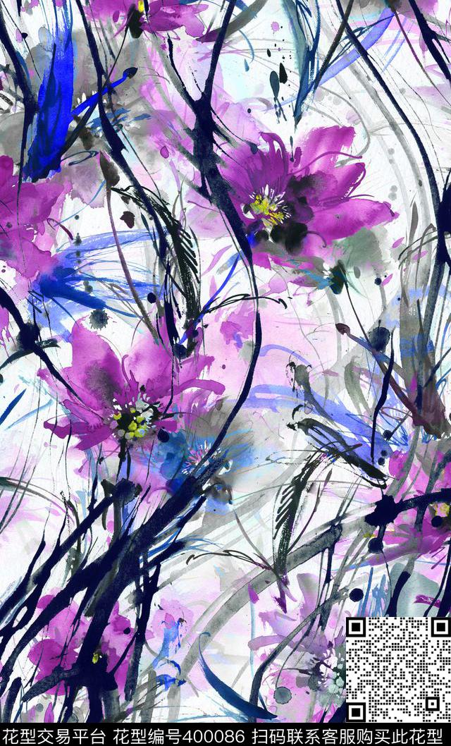 水墨笔触中国风数码印花华亿平台下载（图片编号: 400086） - 瓦栏（Walan）