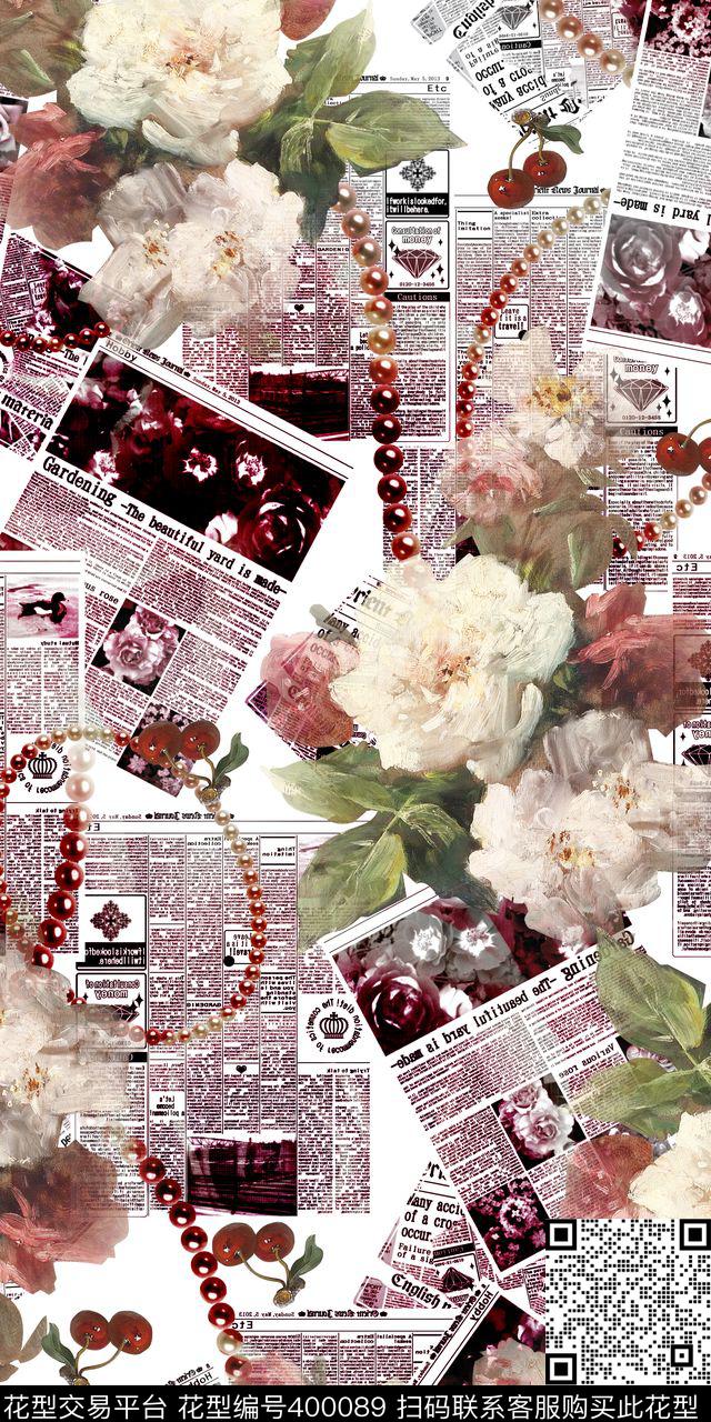 报纸花卉樱桃数码印花华亿平台下载（图片编号: 400089） - 瓦栏（Walan）