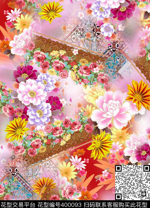 花卉绘花几何数码印花华亿平台下载（图片编号: 400093） - 瓦栏（Walan）