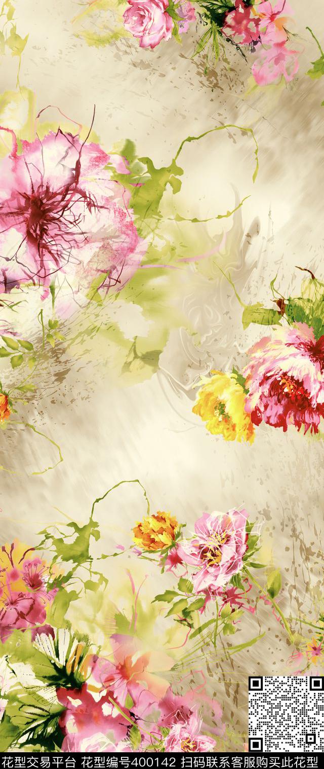 田园写意花卉欧美大气时装数码印花华亿平台下载（图片编号: 400142） - 瓦栏（Walan）