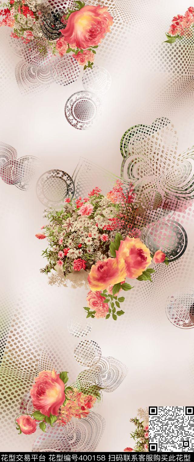 波点花卉欧美大气时装数码印花华亿平台下载（图片编号: 400158） - 瓦栏（Walan）