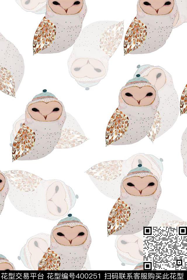 可爱层次感手绘猫头鹰数码印花华亿平台下载（图片编号: 400251） - 瓦栏（Walan）
