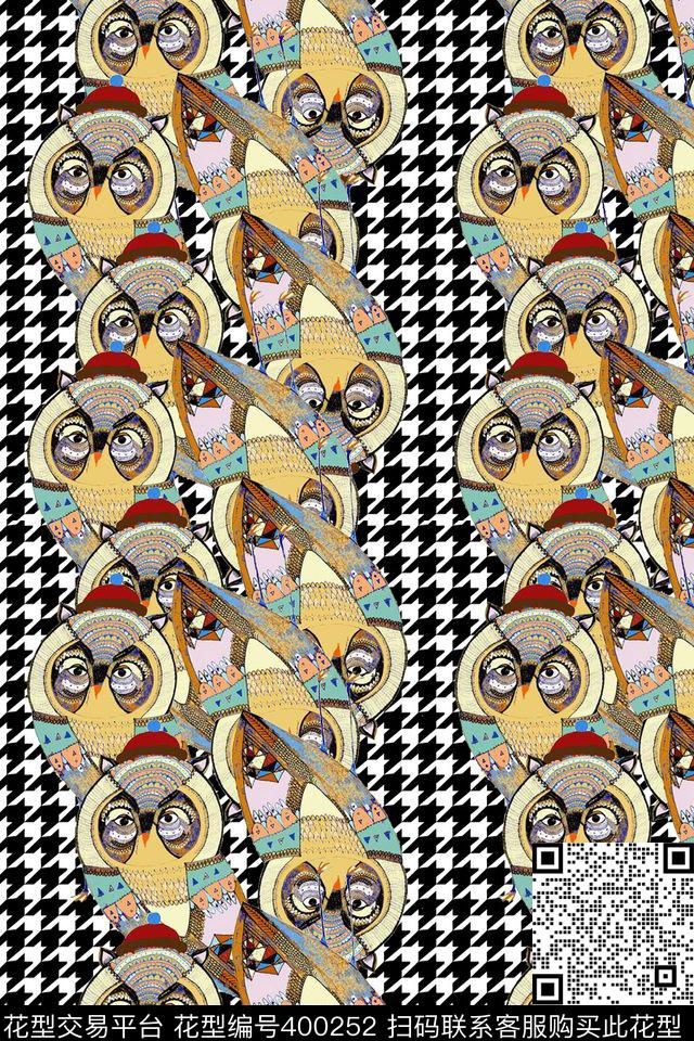 猫头鹰和千鸟纹提花数码印花华亿平台下载（图片编号: 400252） - 瓦栏（Walan）