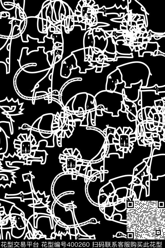 黑白简笔动物乱线条传统印花华亿平台下载（图片编号: 400260） - 瓦栏（Walan）