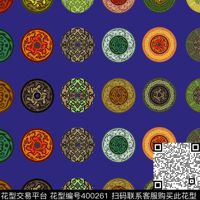 蓝底老人复古中国封圆盘华亿平台传统印花华亿平台下载（图片编号: 400261） - 瓦栏（Walan）