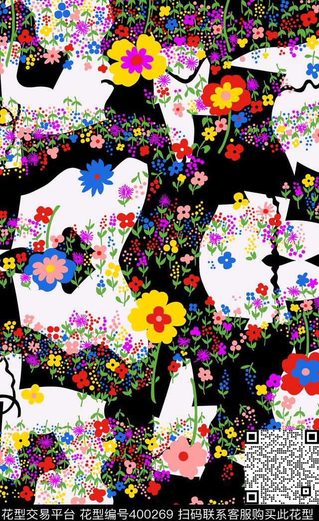 几何斑马纹和简笔花草传统印花华亿平台下载（图片编号: 400269） - 瓦栏（Walan）