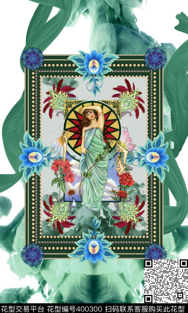 烟雾绸缎欧式框花卉人物数码印花华亿平台下载（图片编号: 400300） - 瓦栏（Walan）