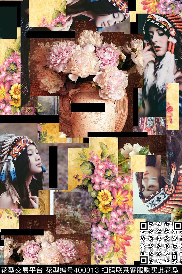 拼贴人像、花卉数码印花华亿平台下载（图片编号: 400313） - 瓦栏（Walan）