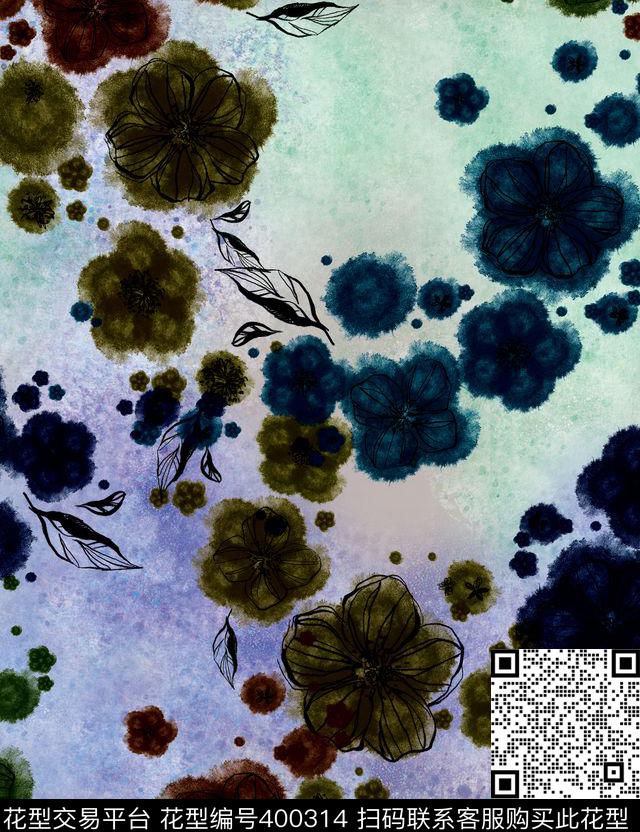 抽象手绘花卉数码印花华亿平台下载（图片编号: 400314） - 瓦栏（Walan）