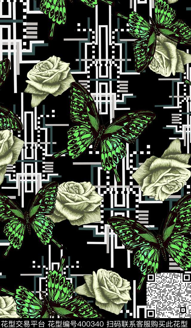 几何玫瑰蝴蝶数码印花华亿平台下载（图片编号: 400340） - 瓦栏（Walan）