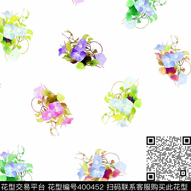 彩色牵牛花花数码印花华亿平台下载（图片编号: 400452） - 瓦栏（Walan）