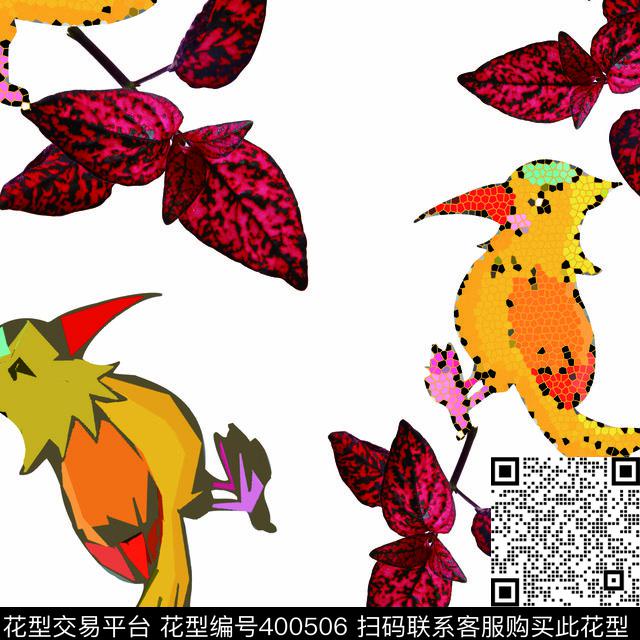 简约叶子、啄木鸟数码印花华亿平台下载（图片编号: 400506） - 瓦栏（Walan）