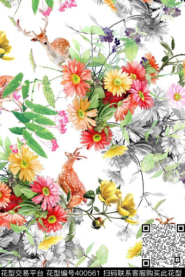 时尚小鹿小雏菊数码印花华亿平台下载（图片编号: 400561） - 瓦栏（Walan）