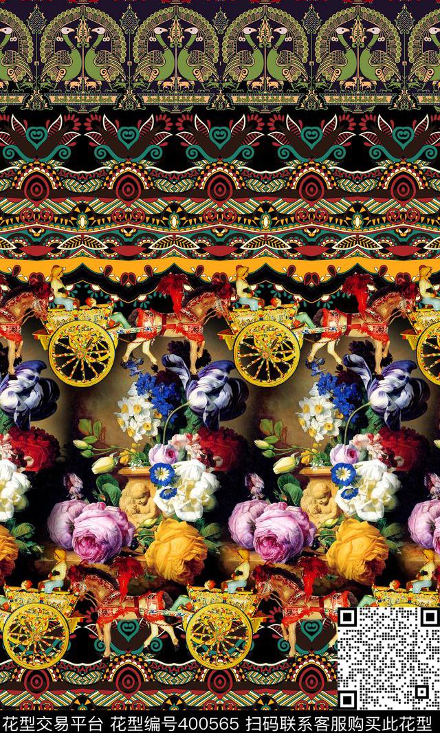 欧式车轮花卉数码印花华亿平台下载（图片编号: 400565） - 瓦栏（Walan）