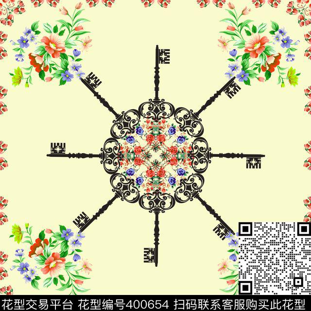 欧式宫廷复古花卉复古钥匙数码印花华亿平台下载（图片编号: 400654） - 瓦栏（Walan）
