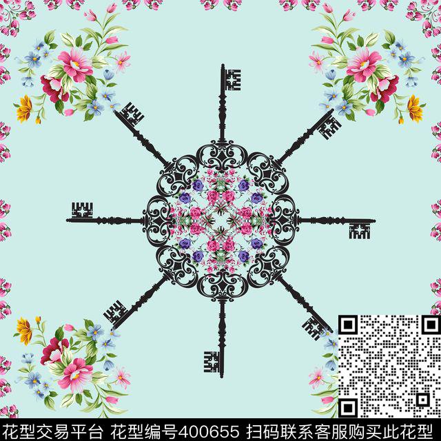 复古花卉复古钥匙欧式宫廷数码印花华亿平台下载（图片编号: 400655） - 瓦栏（Walan）
