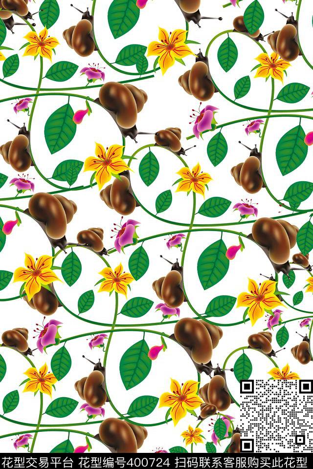 时尚流行蜗牛花卉数码印花华亿平台下载（图片编号: 400724） - 瓦栏（Walan）