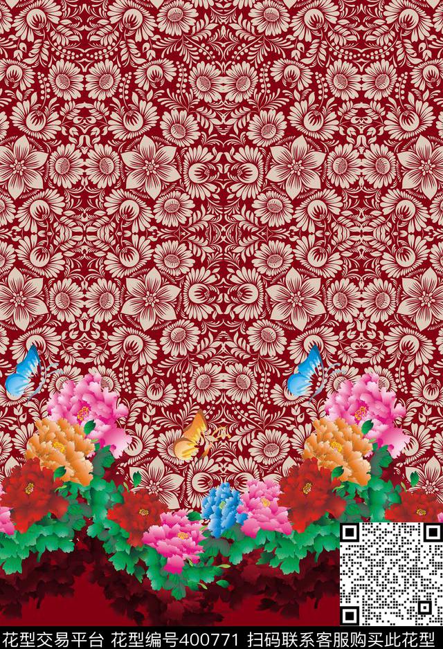 定位古典花纹牡丹花传统印花华亿平台下载（图片编号: 400771） - 瓦栏（Walan）