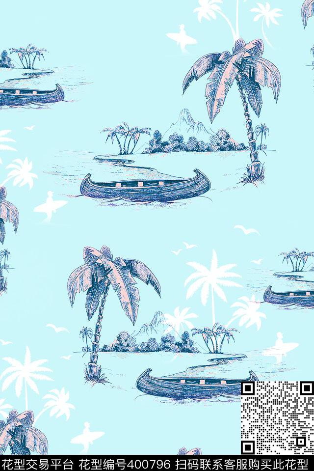 手绘椰子树热带传统印花华亿平台下载（图片编号: 400796） - 瓦栏（Walan）