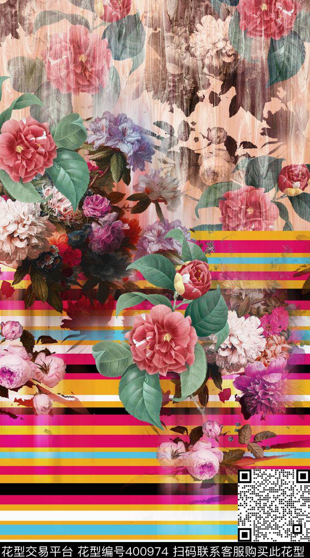 大气定位花卉、条纹数码印花华亿平台下载（图片编号: 400974） - 瓦栏（Walan）