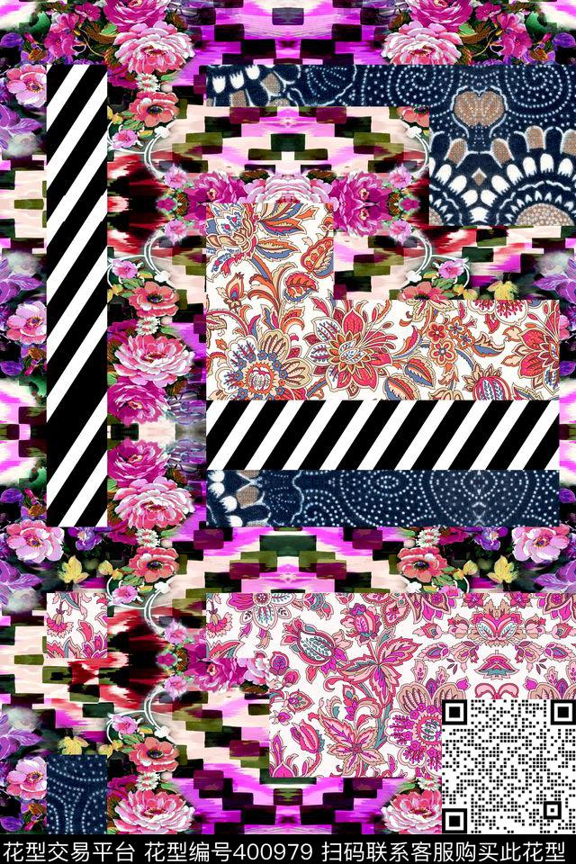 分割花卉、民族、条纹数码印花华亿平台下载（图片编号: 400979） - 瓦栏（Walan）