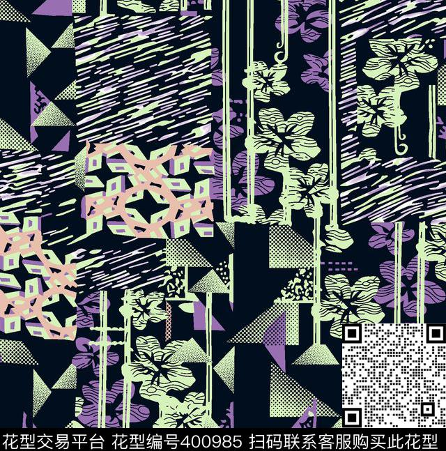 抽象花卉几何拼图传统印花华亿平台下载（图片编号: 400985） - 瓦栏（Walan）
