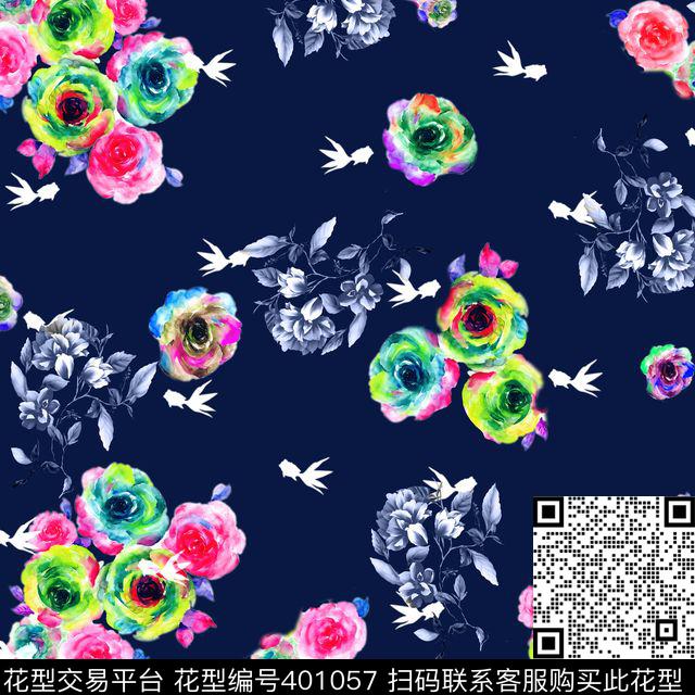 彩绘大花手绘数码印花华亿平台下载（图片编号: 401057） - 瓦栏（Walan）