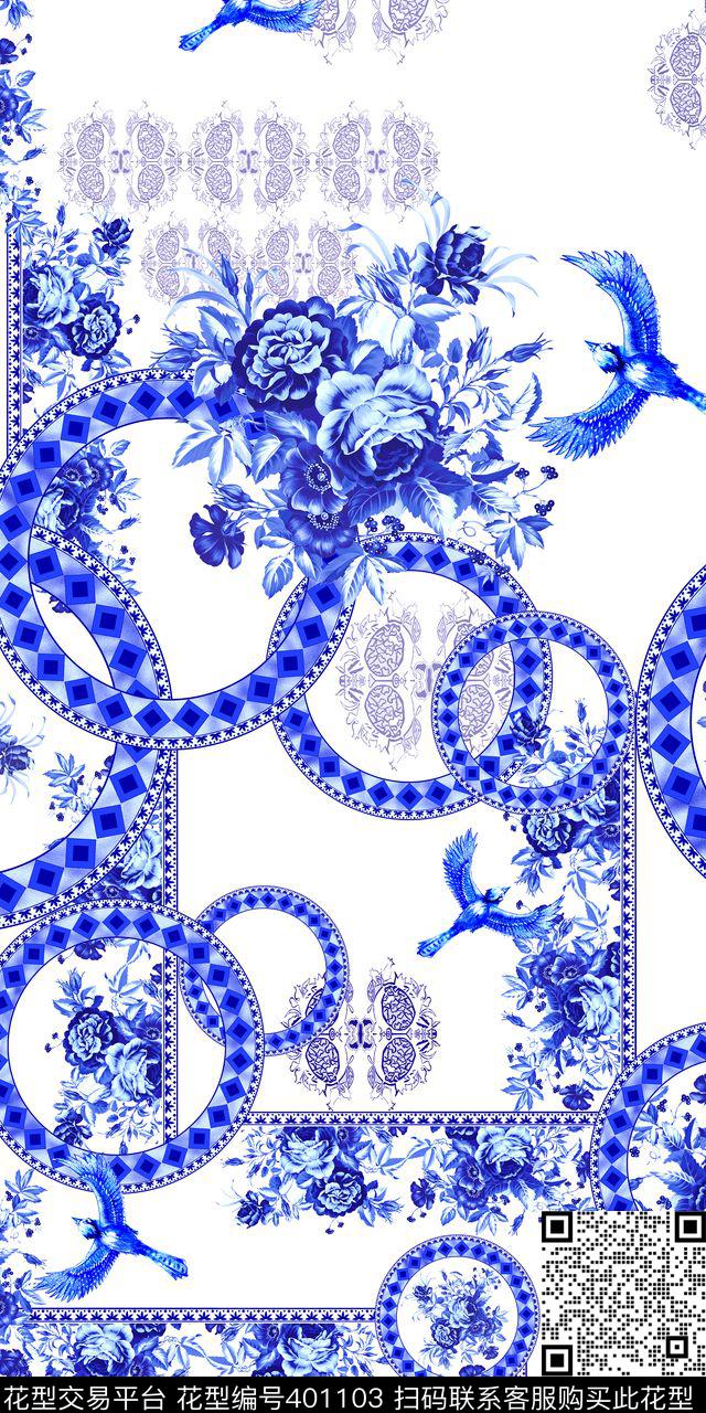 大牌青花瓷花卉数码印花华亿平台下载（图片编号: 401103） - 瓦栏（Walan）