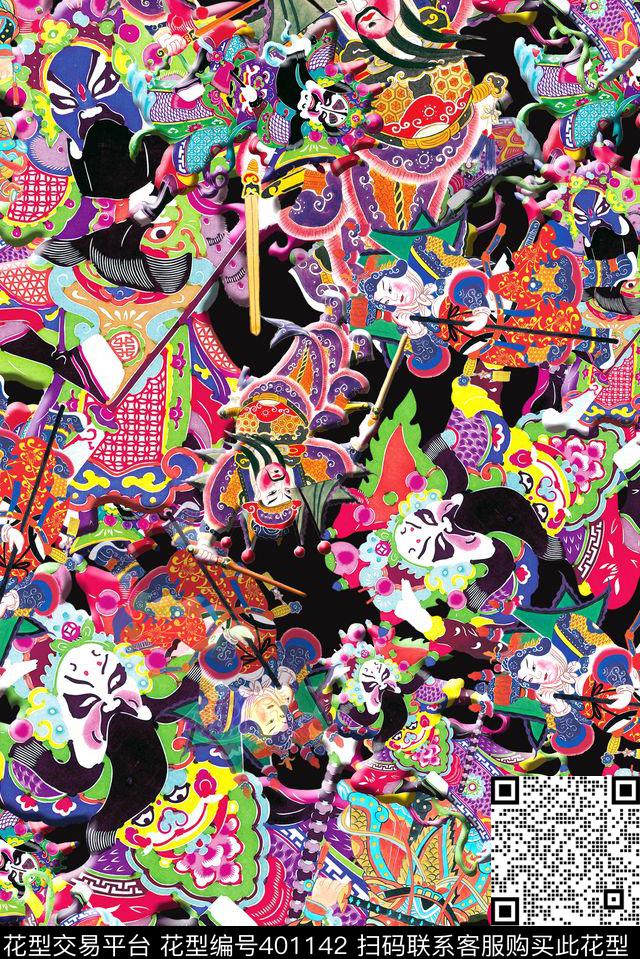 戏曲人物中国风脸谱数码印花华亿平台下载（图片编号: 401142） - 瓦栏（Walan）