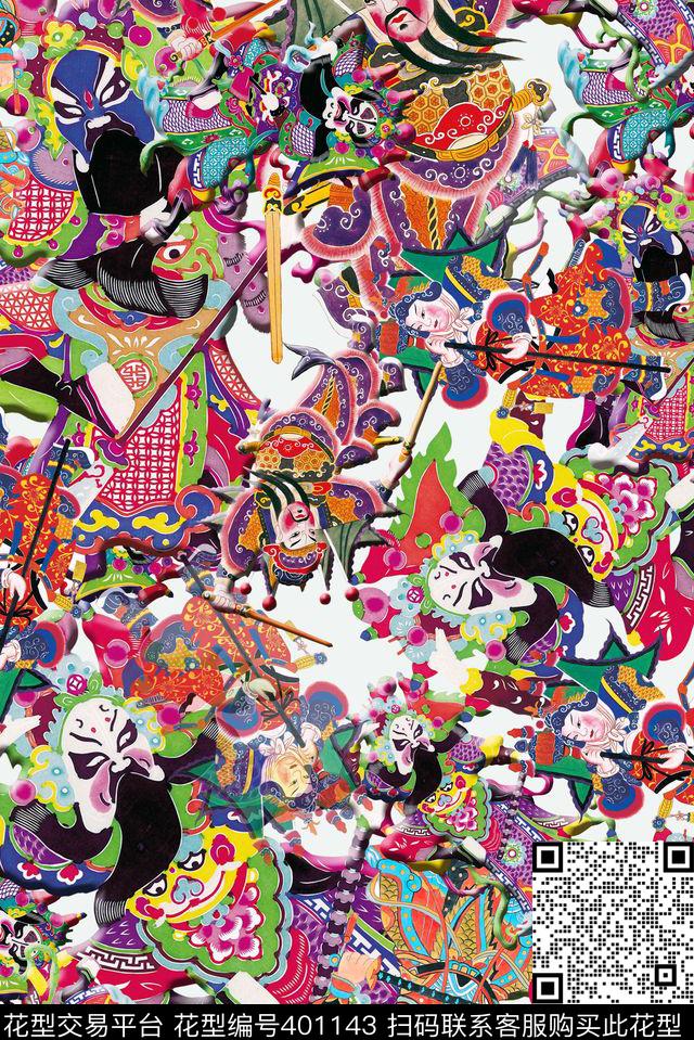 戏曲人物中国风脸谱数码印花华亿平台下载（图片编号: 401143） - 瓦栏（Walan）