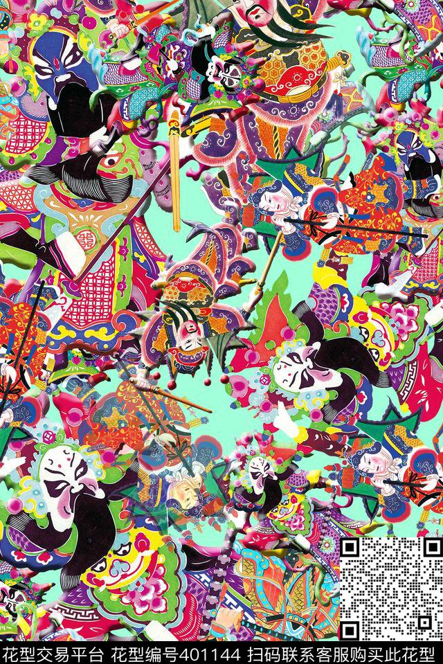戏曲人物中国风脸谱数码印花华亿平台下载（图片编号: 401144） - 瓦栏（Walan）