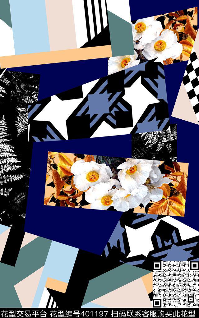 数码印花几何花卉拼接花卉传统印花华亿平台下载（图片编号: 401197） - 瓦栏（Walan）