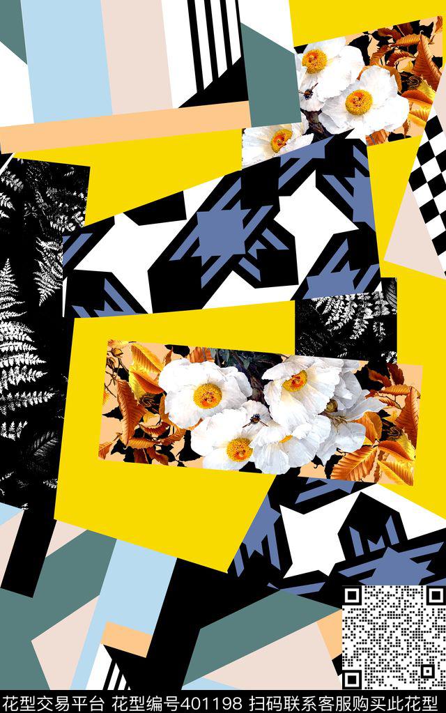 数码印花几何花卉拼接花卉传统印花华亿平台下载（图片编号: 401198） - 瓦栏（Walan）