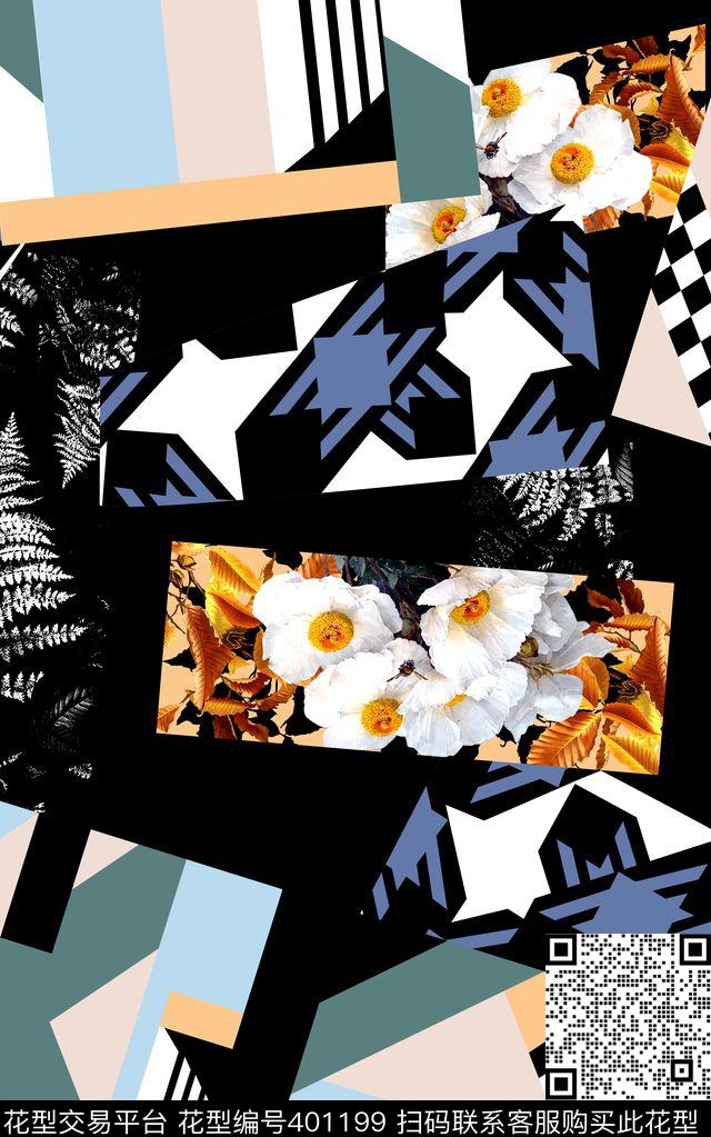 数码印花几何花卉拼接花卉传统印花华亿平台下载（图片编号: 401199） - 瓦栏（Walan）