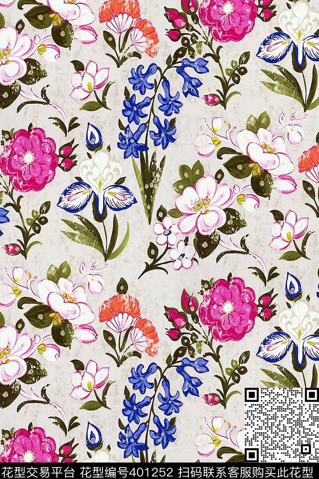 手绘花抽象数码印花华亿平台下载（图片编号: 401252） - 瓦栏（Walan）