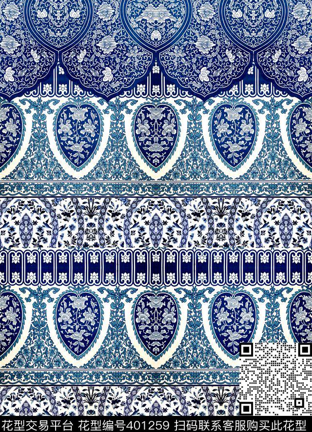 民族风民族纹样青花瓷数码印花华亿平台下载（图片编号: 401259） - 瓦栏（Walan）